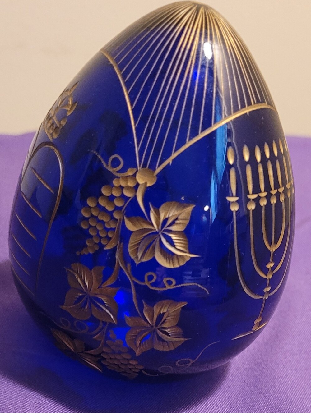 Hand-Blown Cobalt Blue Glass Art Egg with Gold Floral Accents Made In Russia